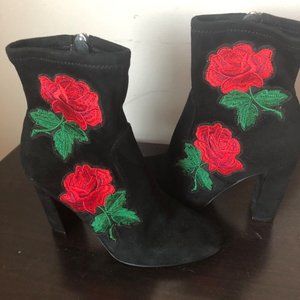 Steve Madden Edition Rose Embroidered Black Faux Suede Booties